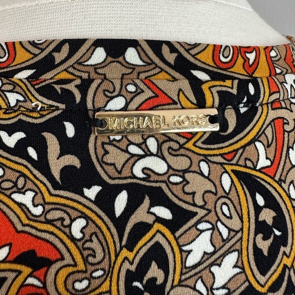 MICHAEL KORS Black, Beige & Orange Printed Gold Chain Petal Sleeve Top | Size XL - Picture 9 of 16